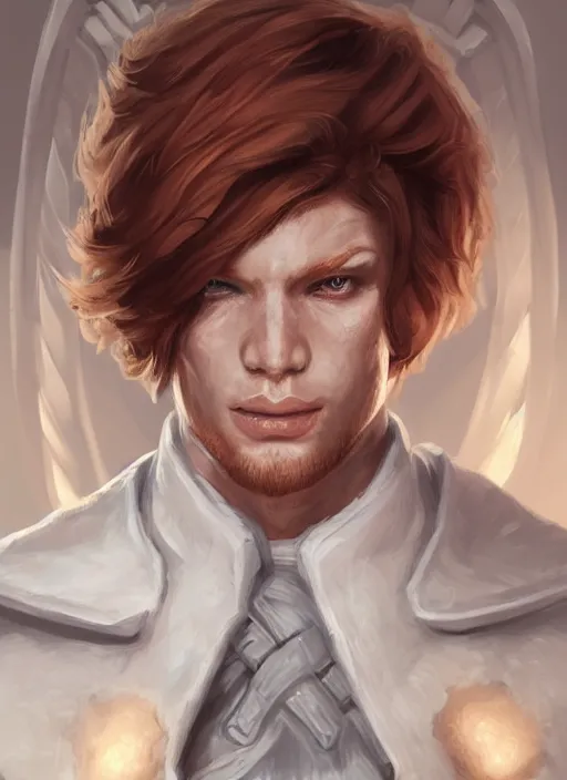 Image similar to a highly detailed illustration of short ginger haired man wearing white suit, dramatic holding grimoire pose, muscular, intricate, elegant, highly detailed, centered, digital painting, artstation, concept art, smooth, sharp focus, league of legends concept art, WLOP