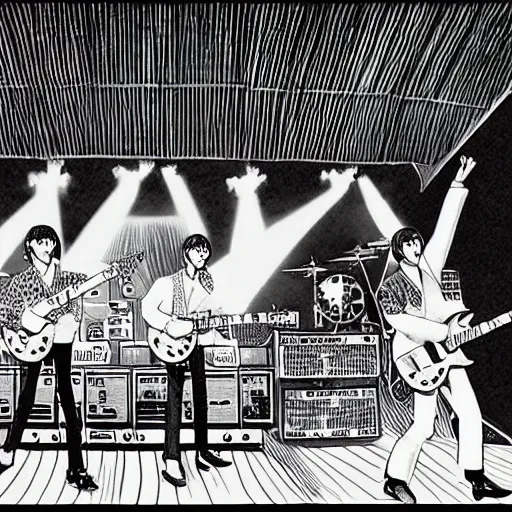 Prompt: The Beatles playing in the Budokan, manga illustration,