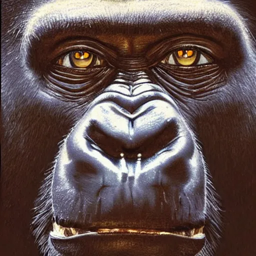 Image similar to portrait of a gorilla woman ( 3 5 ) from tanzania, 5 0 0, 0 0 0 bce, an oil painting by ross tran and thomas kincade