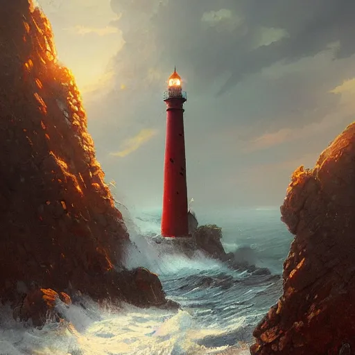 Prompt: A beautiful painting of a singular lighthouse, shining its light across a tumultuous sea of blood by Greg Rutkowski and Thomas Kinkade, trending on Artstation