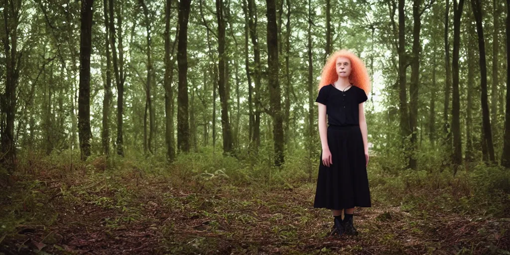 Image similar to a strawberry blonde frizzy haired teenage girl in a floor length black skirt and a short sleeved dark green blouse stands in a dark forest dimly lit by blue light