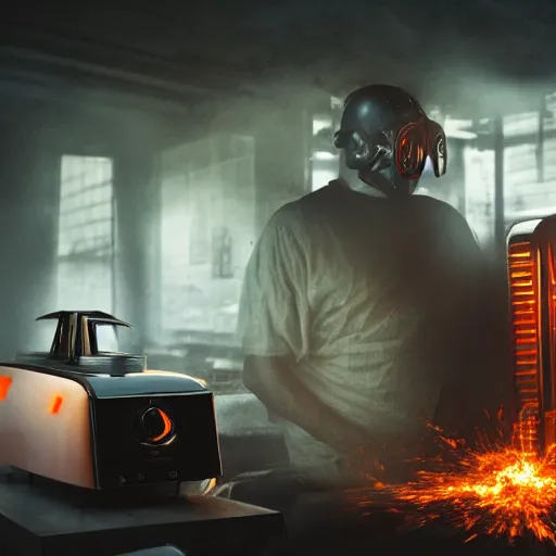 Image similar to cyborg with toaster oven chest, dark messy smoke - filled cluttered workshop, dark, dramatic lighting, orange tint, sparks, cinematic, highly detailed, sci - fi, futuristic, movie still