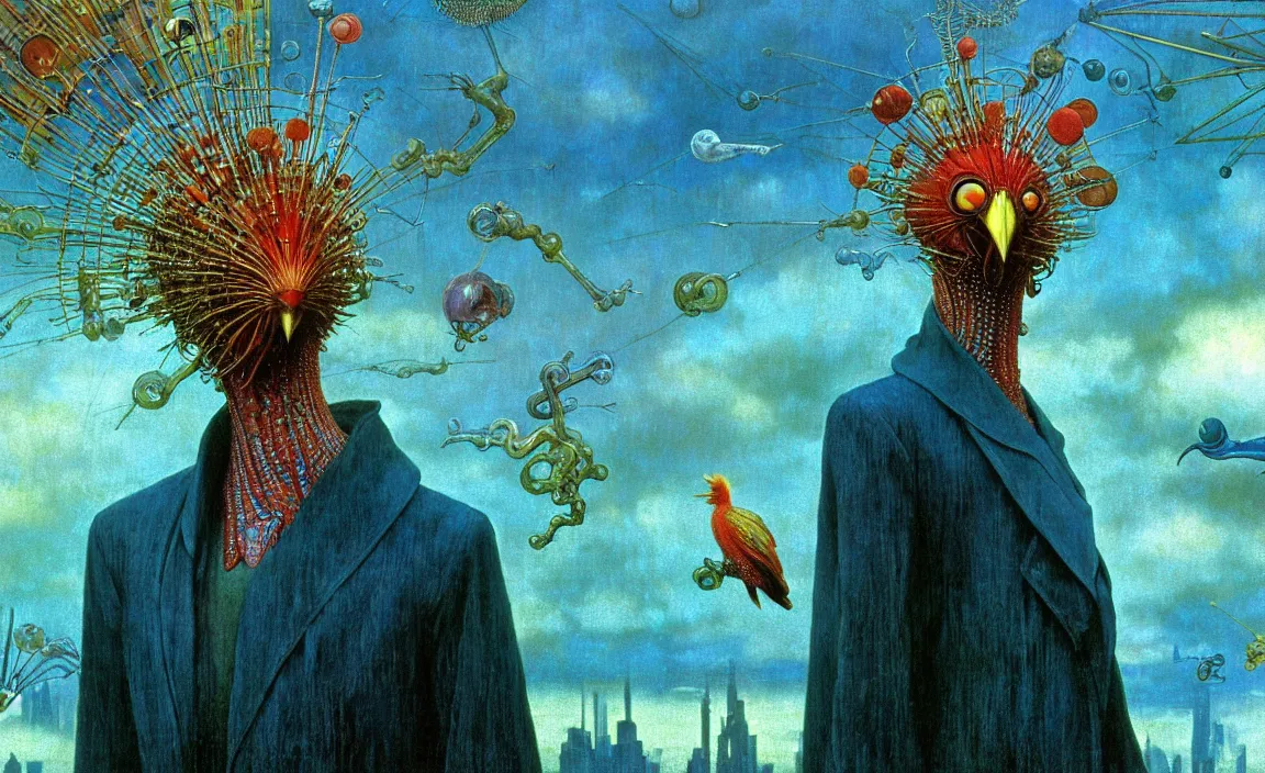 Prompt: realistic detailed portrait movie shot of a birdman wearing glossy sheer raincoat, sci fi city landscape background by denis villeneuve, amano, yves tanguy, alphonse mucha, ernst haeckel, max ernst, roger dean, masterpiece, rich moody colours, dog teeth, blue eyes