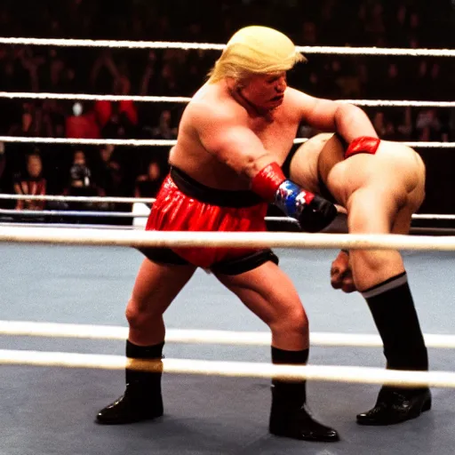Prompt: muscular donald trump fighting in the wwe arena as a professional wrestler, 85mm pentax k1000, f 1/3, award winning photography