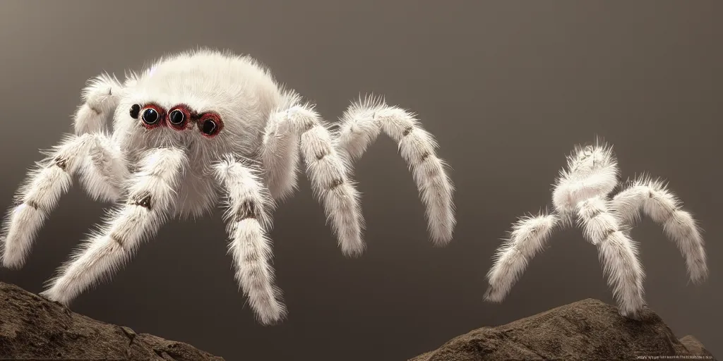 Image similar to white tarantula spider with red eyes, white background, fur, very realistic, highly detailed, hyperrealism, photo, by greg rutkowski, cinematic, dynamic lighting, octane render