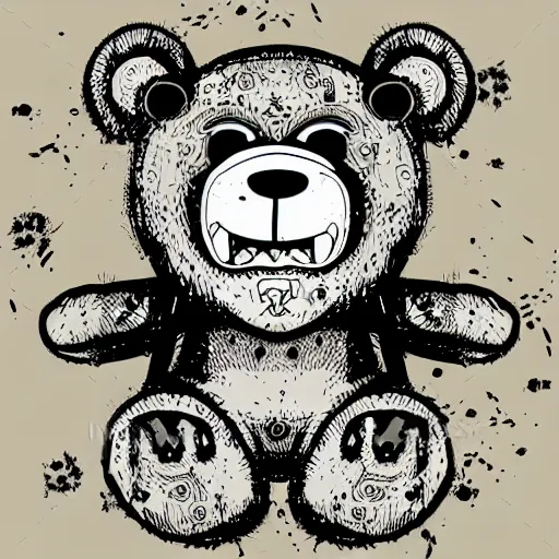 Prompt: grunge cartoon vector sketch of a teddy bear with bloody eyes by - mrrevenge instagram, loony toons style, horror theme, detailed, elegant, intricate