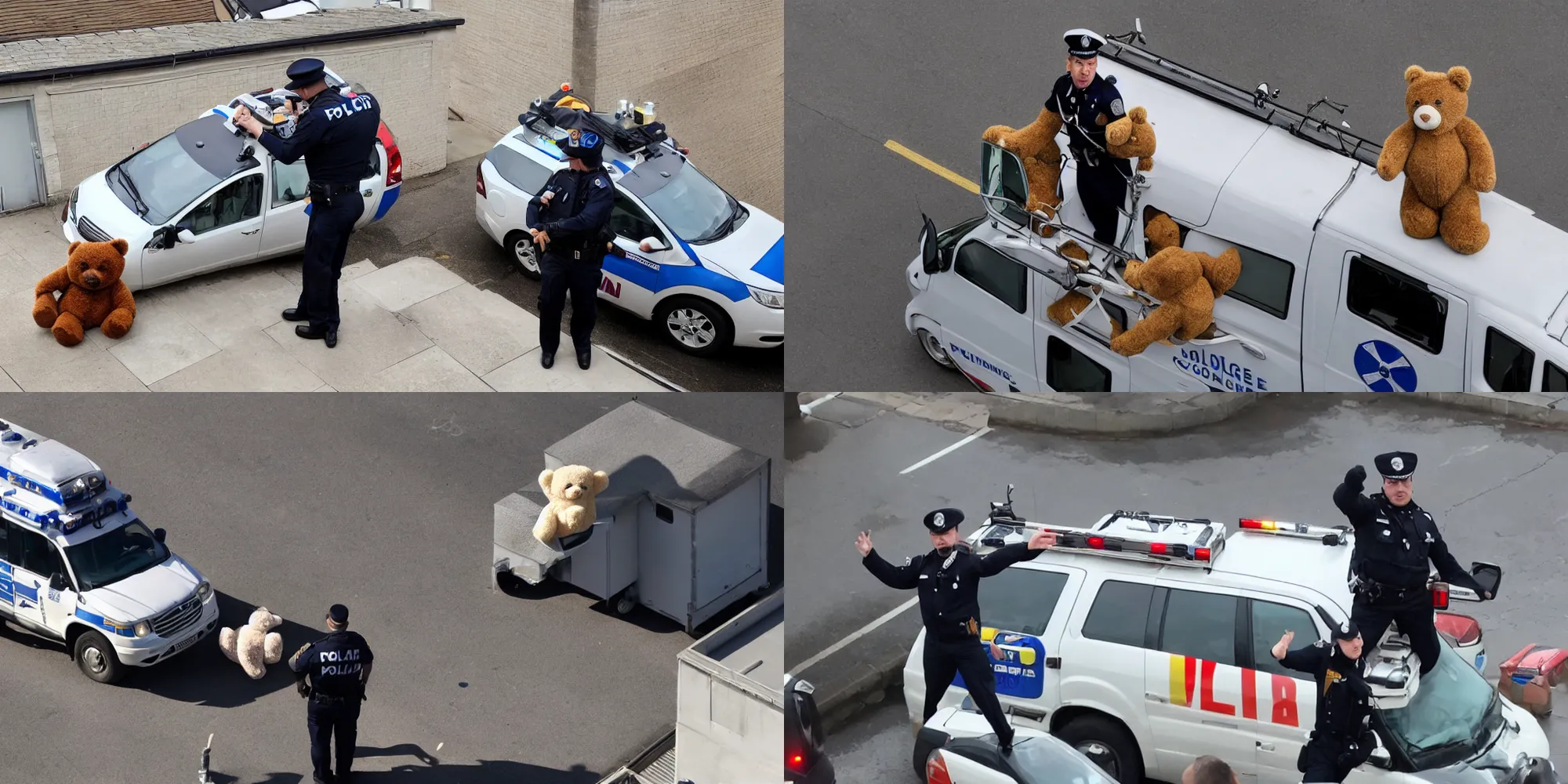 Prompt: a policeman with a teddy bear in his hands on the top of an ambulance roof