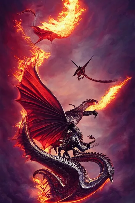 Image similar to powerful khal drogo ( jason momoa ) riding a flying dragon, intricate art deco dragon, elegant, highly detailed burning background, sword, sharp focus, game of thrones art by artgerm and beeple and greg rutkowski and wlop