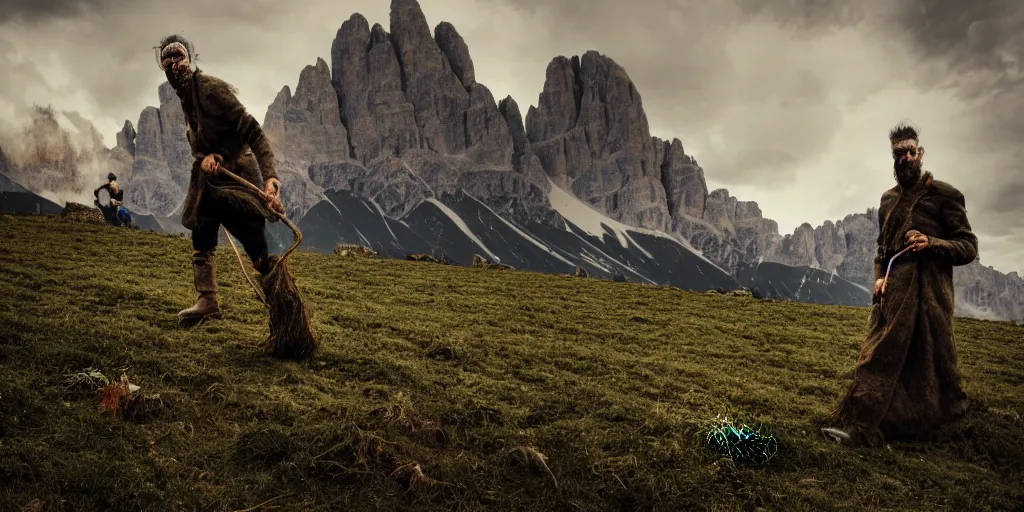 Image similar to alpine farmer transforming into a monster ,roots and hay coat, dolomites in background, dark, eerie, despair, portrait photography, artstation, highly detailed, sharp focus, by cronneberg