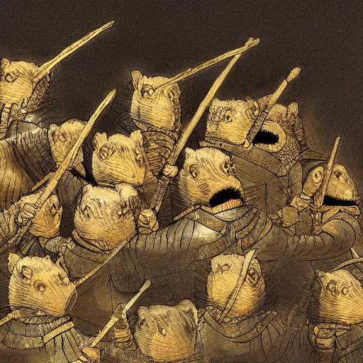 Prompt: phalanx of ashigaru mice, digital painting by rembrandt