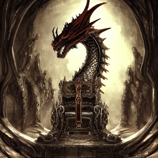 Image similar to dragon on the throne in the majestic throne room, great horns, armored, luminous scene, by luis royo, d & d character, highly detailed portrait, digital painting, artstation, concept art, smooth, sharp focus illustration, artstation hq