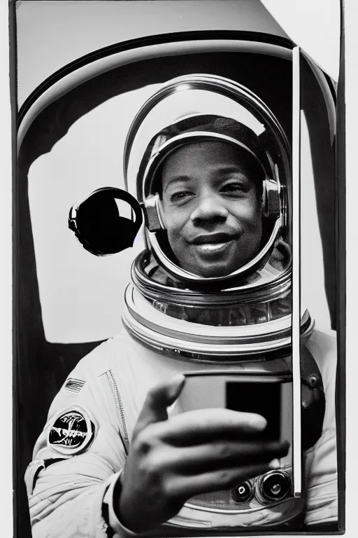 Image similar to extremely detailed studio portrait of space astronaut taking a selfie, holds a smart phone in one hand, phone!! held up to visor, reflection of phone in visor, moon, extreme close shot, soft light, golden glow, award winning photo by james van der zee