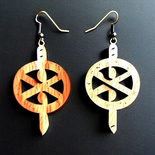 Image similar to 2 d wood lasercut earrings, mystical symbols, 8 k, hd, trending on amazon on artstation, trending on deviantart, trending on etsy, epic digital art