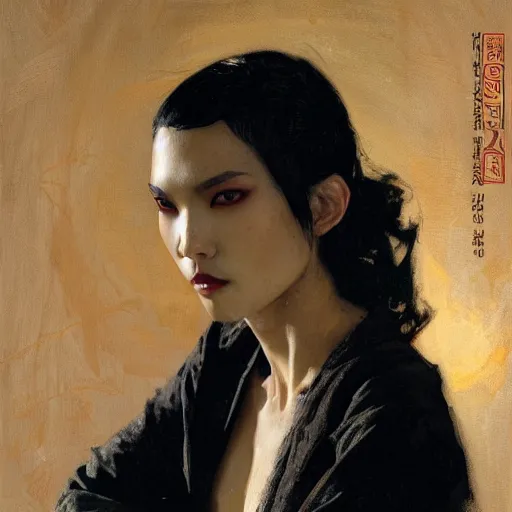 Prompt: detailed cinematic wide shot of beautiful attractive tao okamoto asian vampire woman slim face symettrical face clean skin black eyes black robe smooth, sharp focus, ultra realistic, spring light, painting by gaston bussiere, craig mullins, j. c. leyendecker