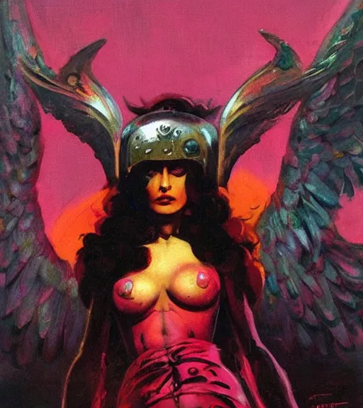 Image similar to portrait of junoesque iranian female chaos angel, beautiful! coherent! by frank frazetta, by brom, strong line, vivid neon color, shining metal power armor, iron helm, high contrast, maximalist