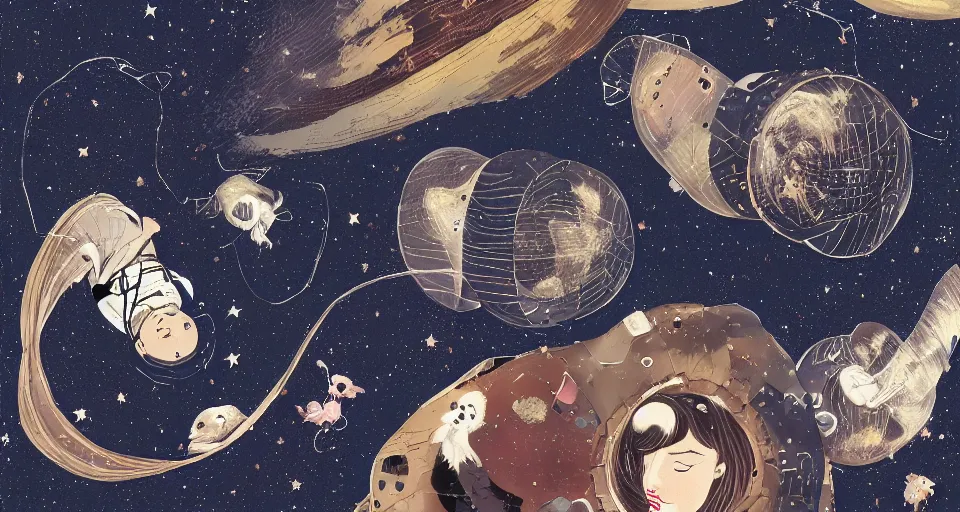 Image similar to guineapigs's portrait on the cover of vogue magazine flying in space suits, deep dark universe, twinkling and spiral nubela, warmhole, beautiful stars, 4 k, 8 k, by hokusai, samurai man vagabond, detailed, editorial illustration, matte print, concept art, ink style, sketch, digital 2 d