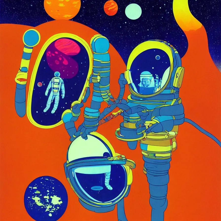 Prompt: a portrait of an astronaut holding a colorful and suspicious alien artifact dug up from an astrological space site, and dreaming psychedelic hallucinations in the vast icy landscape of antarctica, by soul bass, kawase hasui, moebius and edward hopper, colorful flat surreal design, xray hd, 8 k, artstation