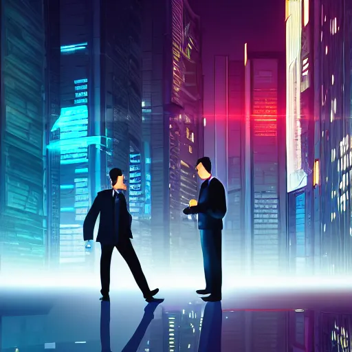 Image similar to two cyberpunk businessmen, detailed digital illustration, nighttime, colorful lighting, android netrunner