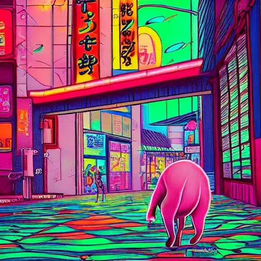 Prompt: neon pastel art style, ultradetailed cartoon, realistic, capybaras in tokyo