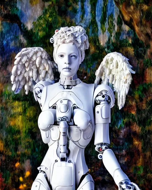 Prompt: sculpture of female angel with solarpunk mecha humanoid robotic parts with bright led lights, pudica pose gesture, by renoir, in a white room, ultra - realistic and intricate, hdr 8 k