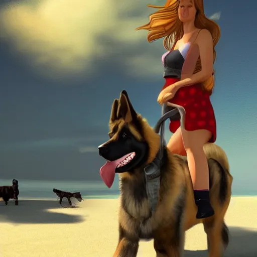 Image similar to girl riding a giant German shepherd at the beach, trending on artstation