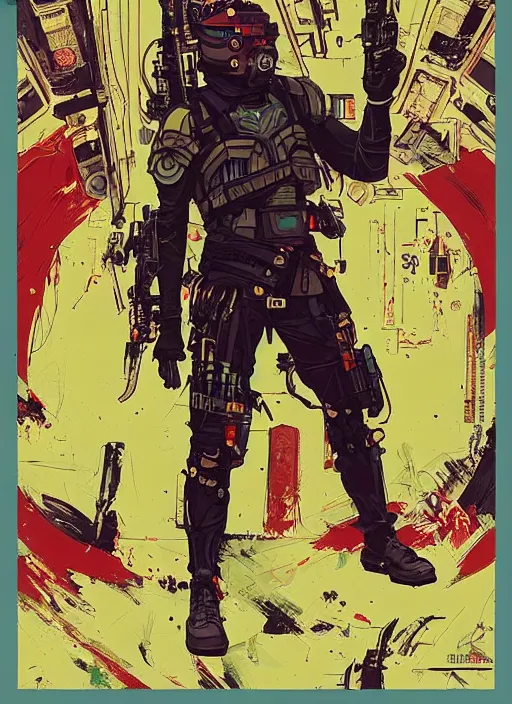 Image similar to chidi igwe. futuristic cyberpunk mercenary in sleek combat gear. portrait illustration, pop art, splash painting, art by geof darrow, ashley wood, alphonse mucha, makoto shinkai