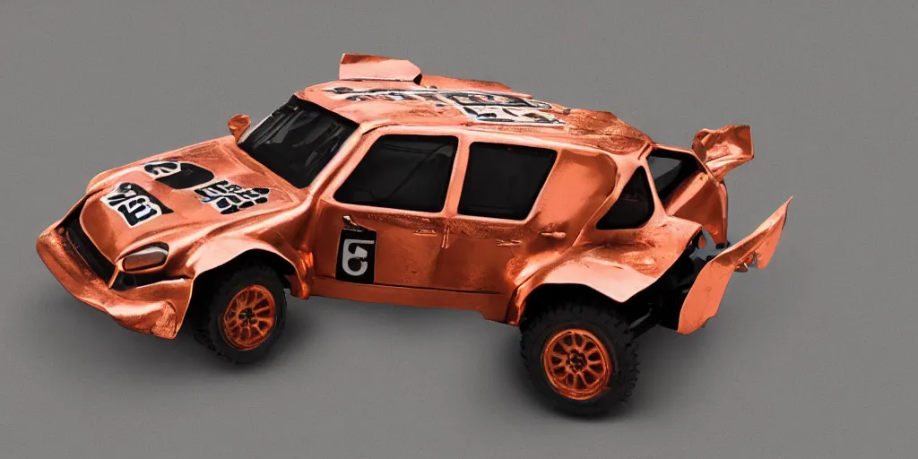 Prompt: offroad rally car copper paint job by sebastian luca and pablo carpio and edgaras cernikas and wang ke and damon greenhalgh, in wide view shot. blank background with some dreamy color lights.