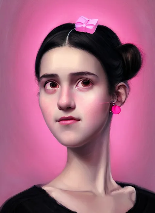 Image similar to portrait of teenage girl, realistic, black hair, bangs, half updo hairstyle, pointy nose, skinny, smile, ugly, defined jawline, big chin, pink hair bow, earrings, intricate, elegant, glowing lights, highly detailed, digital painting, artstation, sharp focus, illustration, art by wlop, mars ravelo and greg rutkowski