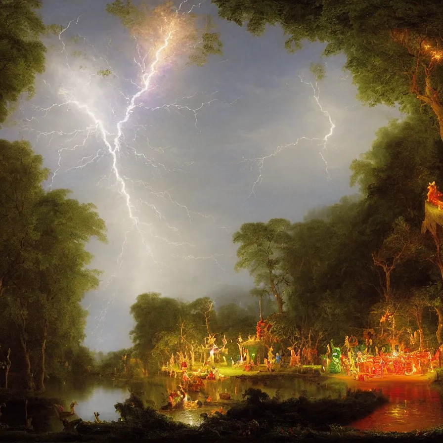 Prompt: a night carnival around a magical in a summer storm, tree cavity with a music scenario with many fireworks and christmas lights, next to a lake with iridiscent lake water, volumetric lightning, folklore people disguised with fantastic creatures in a magical forest by summer night, masterpiece painted by thomas cole, scene by dark night environment, refraction lights, five star stories