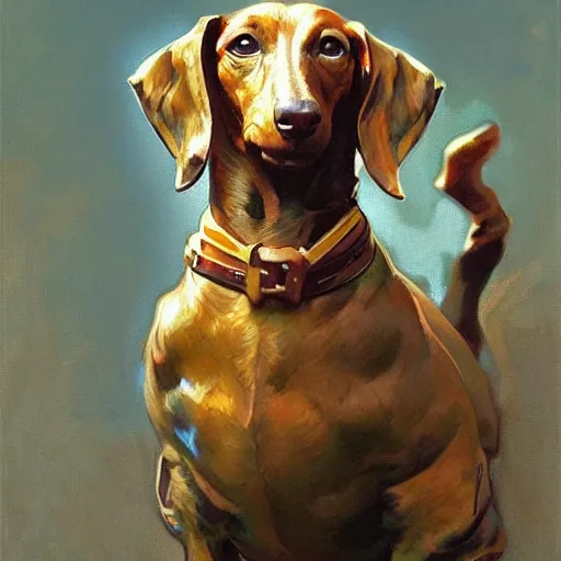 Prompt: The great Dachshund, art by Craig Mullins, Simon Bisley, Gregory Manchess, Fernanda Suarez, Artem Demura, Alphonse Mucha, Donato Giancola, Jason Felix, Steve Argyle, Tyler Jacobson, Peter Mohrbacher, trending on artstation, digital art