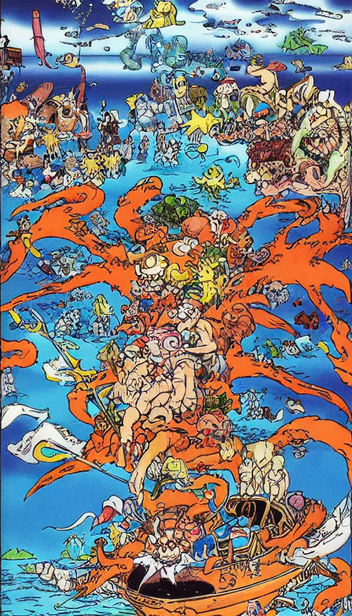 Image similar to man on boat crossing a body of water in hell with creatures in the water, sea of souls, by akira toriyama