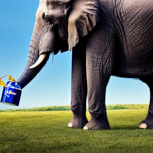 Image similar to a photo of a giant can of red bull with an elephant trying to drink it