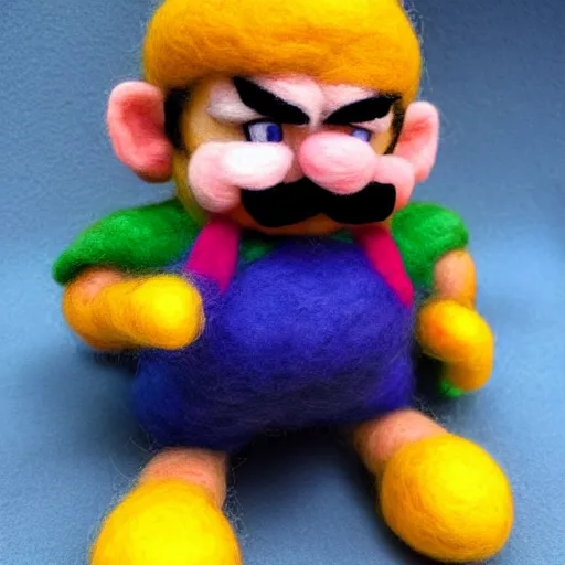 Image similar to a needle felted wario, needle felting art.