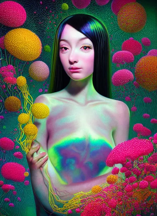 Image similar to hyper detailed 3d render like a Oil painting - kawaii portrait Aurora (black haired Singer) seen Eating of the Strangling network of yellowcake aerochrome and milky Fruit and Her delicate Hands hold of gossamer polyp blossoms bring iridescent fungal flowers whose spores black the foolish stars by Jacek Yerka, Mariusz Lewandowski, Houdini algorithmic generative render, Abstract brush strokes, Masterpiece, Edward Hopper and James Gilleard, Zdzislaw Beksinski, Mark Ryden, Wolfgang Lettl, hints of Yayoi Kasuma, octane render, 8k