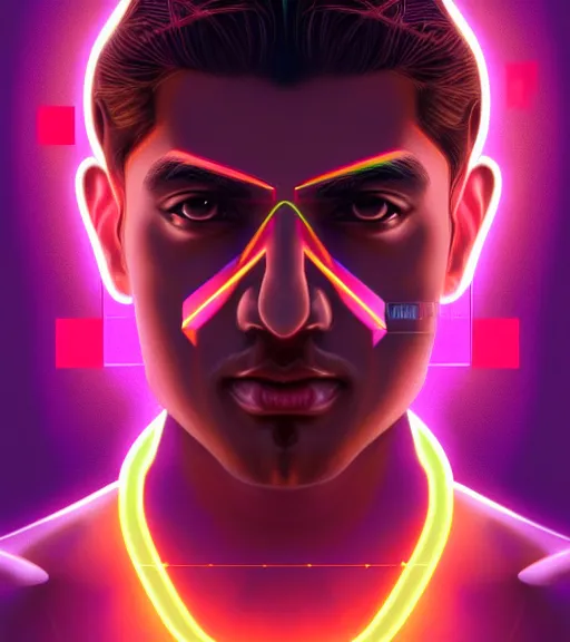 Image similar to symmetry!! indian prince of technology, solid cube of light, hard edges, product render retro - futuristic poster scifi, lasers and neon circuits, brown skin handsome indian prince, intricate, elegant, highly detailed, digital painting, artstation, concept art, smooth, sharp focus, illustration, dreamlike, art by artgerm