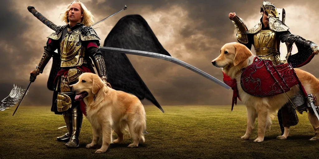 Image similar to full - length professional photo golden retriever in medieval armor with wings and sword fighting with samurai cat in japanese samurai armor with catana, shot from michael benjamin bay movie