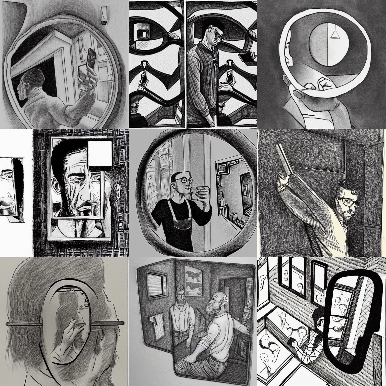 Prompt: man taking a mirror selfie, infinite recursion, ink drawing, in the style of m. c. escher
