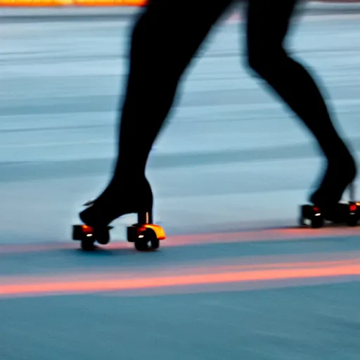 Image similar to a roller skater in a closeup. in santa monica at blue hour. canon eos c 3 0 0, ƒ 1. 8, 2 0 0 mm. 8 k. inspired by diane arbus photography