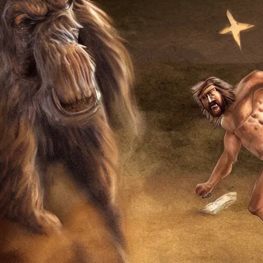 Prompt: a detail digital art of a caveman chasing a mammoth