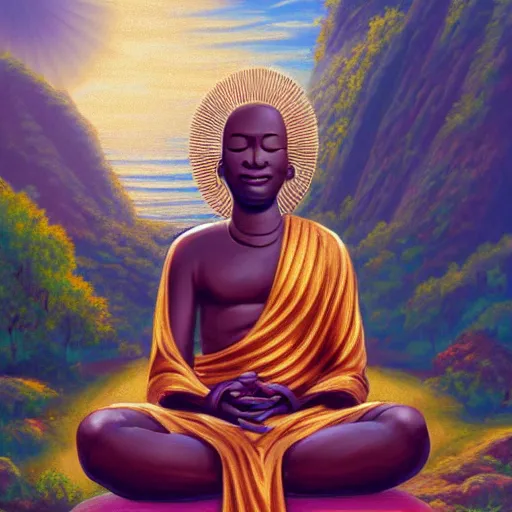 Image similar to contented peaceful haitian!! bodhisattva, praying meditating, in a scenic environment, detailed, golden hour, realism, artstation trending, digital art