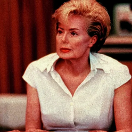 Image similar to “a still of Ronald Reagan playing Catherine Tramell in Basic Instinct (1992)”