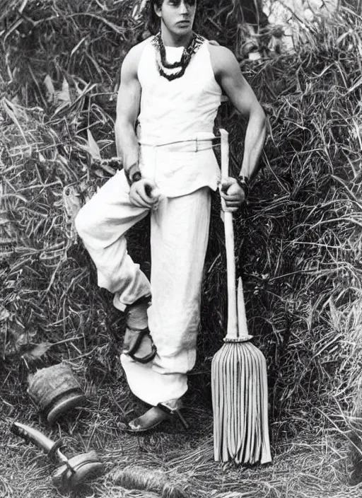 Image similar to a male ranger with a bongo drum and holding nunchaku, wearing a leather vest and white linen pants, chiseled good looks, long swept back blond hair, puka shell necklace, gertrude kasebier