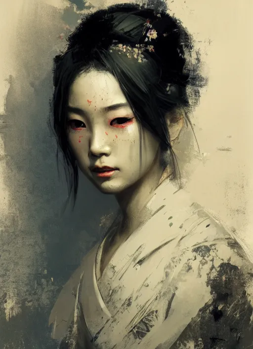 Image similar to female geisha girl, beautiful face, rule of thirds, intricate outfit, spotlight, by greg rutkowski, by jeremy mann, digital painting