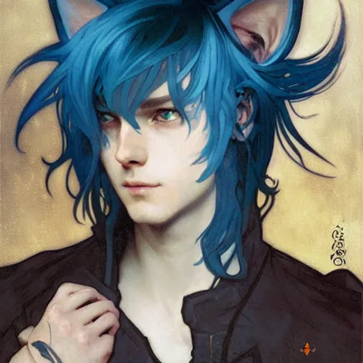 Image similar to Portrait of a pretty fantasy catboy with blue hair and cute small cat ears. Art by Greg Rutkowski and Alphonse Mucha