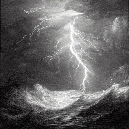 Image similar to drawing close up of large pepe the frog fighting lightning storm above a stormy ocean, by gustave dore, nineteenth century, black and white, vintage, science fiction, epic composition, dramatic lighting, highly detailed.