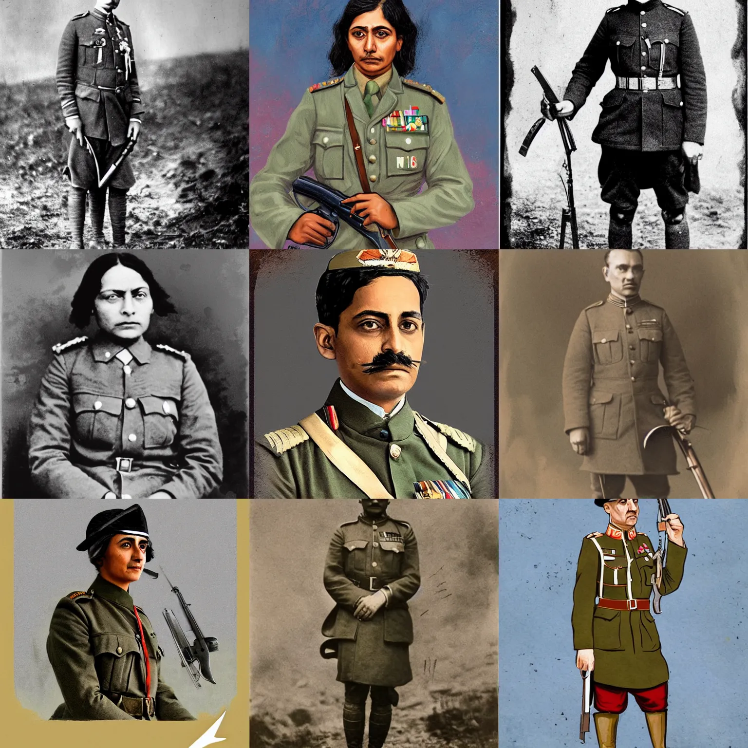 Prompt: Anjli Mohindra as a WW1 General, standing in a battlefield in 1918, with a revolver, official portrait, high quality, colourized