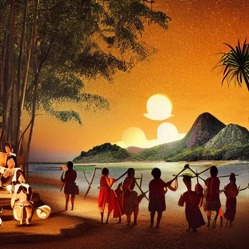 Prompt: A group of Spanish conquistadors holding lanterns on a sandy beach Cove in middle of a magical forest in night. Inca ruins in the background. detailed digital art