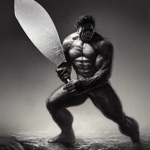 Image similar to artstation concept a midnight blue hulk jolding a meat cleaver, dusty, hyperdetailed, artstation trending, world renowned artists, worth 1 0 0 0. com, historic artworks society, antique renewel, cgsociety, by greg rutkowski, by gustave dore, deviantart