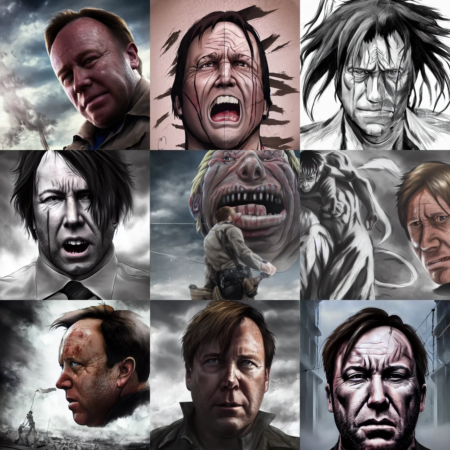 Prompt: Alex Jones in Attack on Titan, digital art, 4k