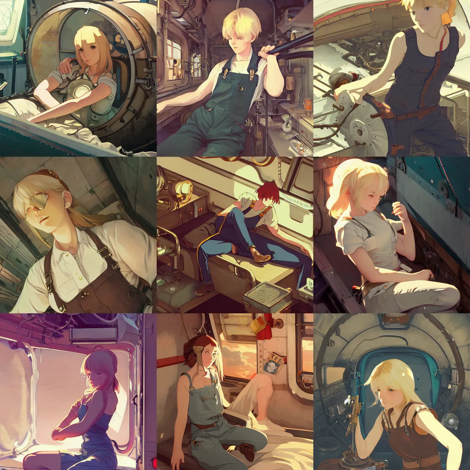 Prompt: an airship mechanic lying within a cramped and dimly lit bunk, blonde, tank top, overalls, finely illustrated face, highly detailed, digital painting, studio ghibli key visual, in the style of ilya kuvshinov and krenz cushart and alphonse mucha